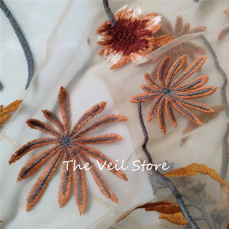 Brown Autumn Leaves Forest Wedding Bridal Veils With Comb Fingertip Floral Flowers Embroidered Luxury Soft Tulle For Brides