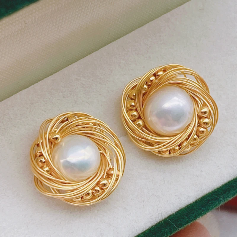 

2023 New Round Nature Freshwater Pearl Earrings For Women Pearl Real 18K Gold Stud Earrings Wedding Bride Earrings Jewelry