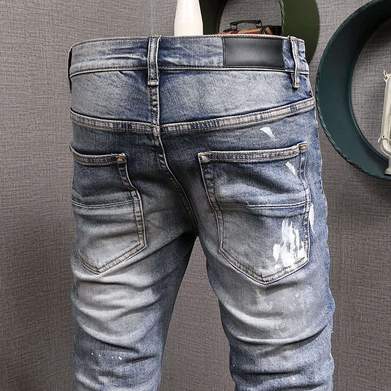 Street Fashion Men Jeans Retro Washed Blue Stretch Skinny Fit Ripped Jeans Men Painted Patched Designer Hip Hop Brand Pants