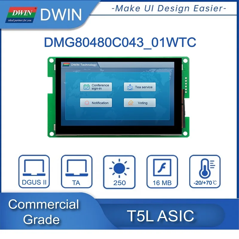 

Dwin 4.3 Inch Capacitive Touch Display 800*480 Pixels Resolution 16.7M Colors IPS-TFT-LCD Wide Viewing Angle