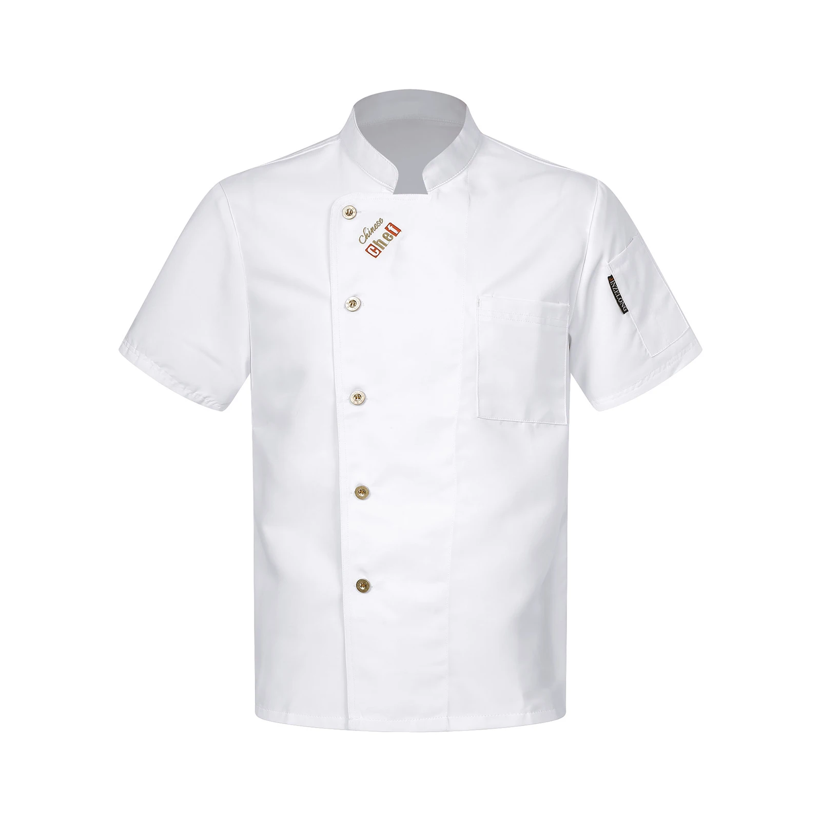 thumbnail image 1 of Abrigo de Chef para hombre y mujer, uniforme de cocina para restaurante, panadería, Ropa de Trabajo, ropa con cuello levantado, Tops con botones de Bordado de letras, 1 of 5