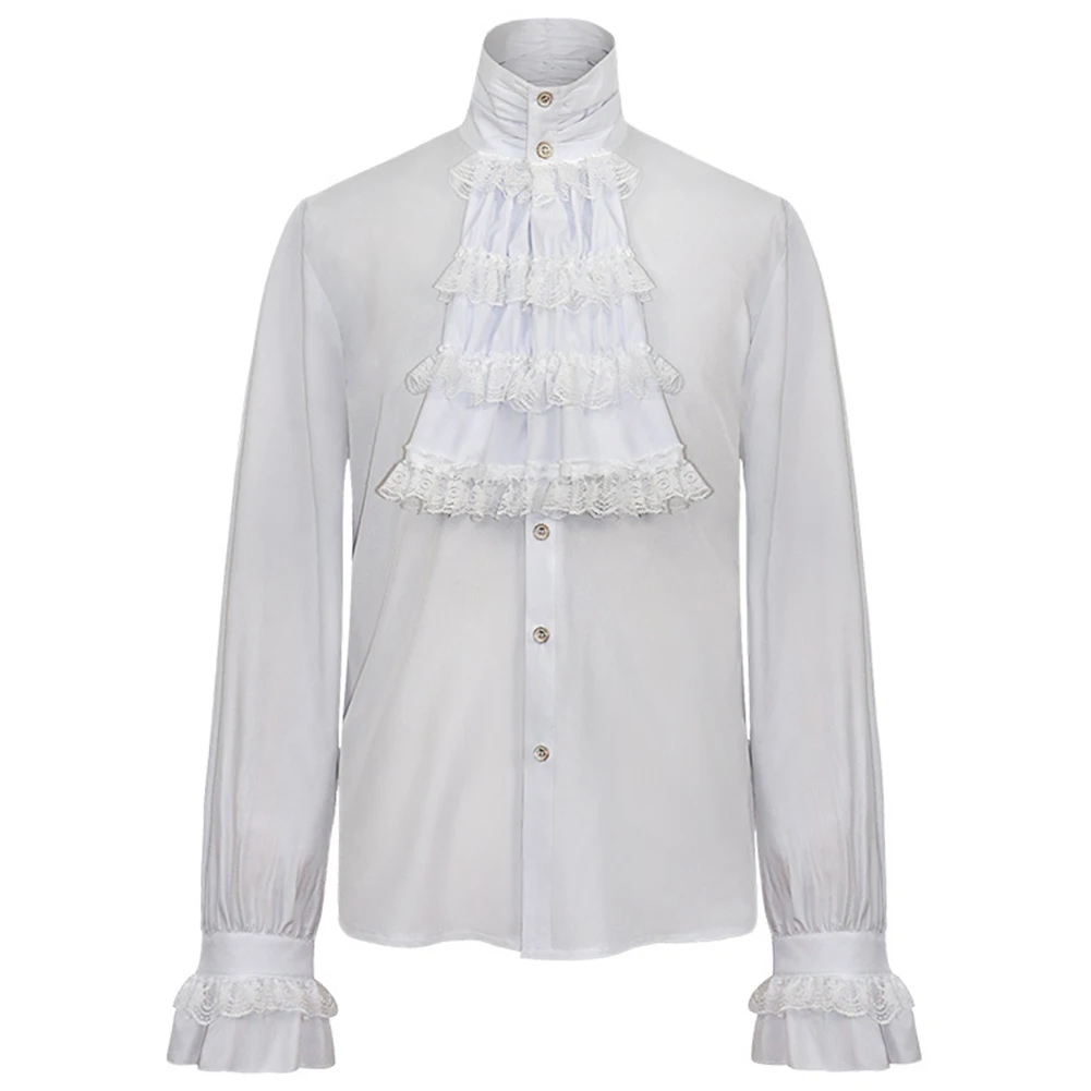 Fashion Vintage Men's Stand Collar Shirts Vampire Victorian Renaissance Gothic Ruffled Medieval Shirt And Blouse Men Tops