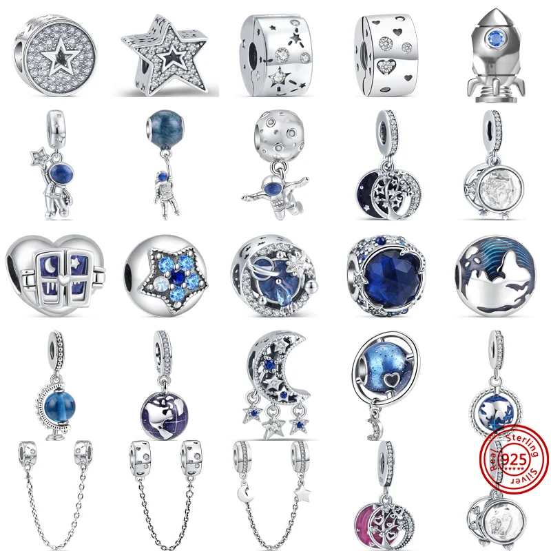 925 Sterling Silver Blue Galaxy Travel Astronaut Earth Stars Moon Rocket Beads Fit Original Pandora Charm Bracciale Gioielli Da Donna