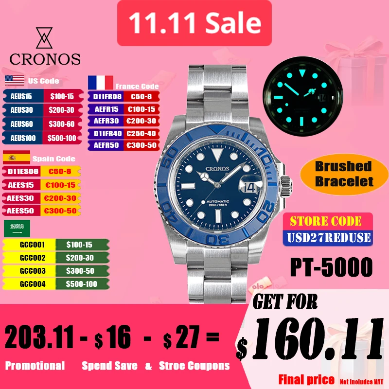 Cronos-Sub-Diver-Man-Watch-Bidirectional-Bezel-40mm-20ATM-Water ...