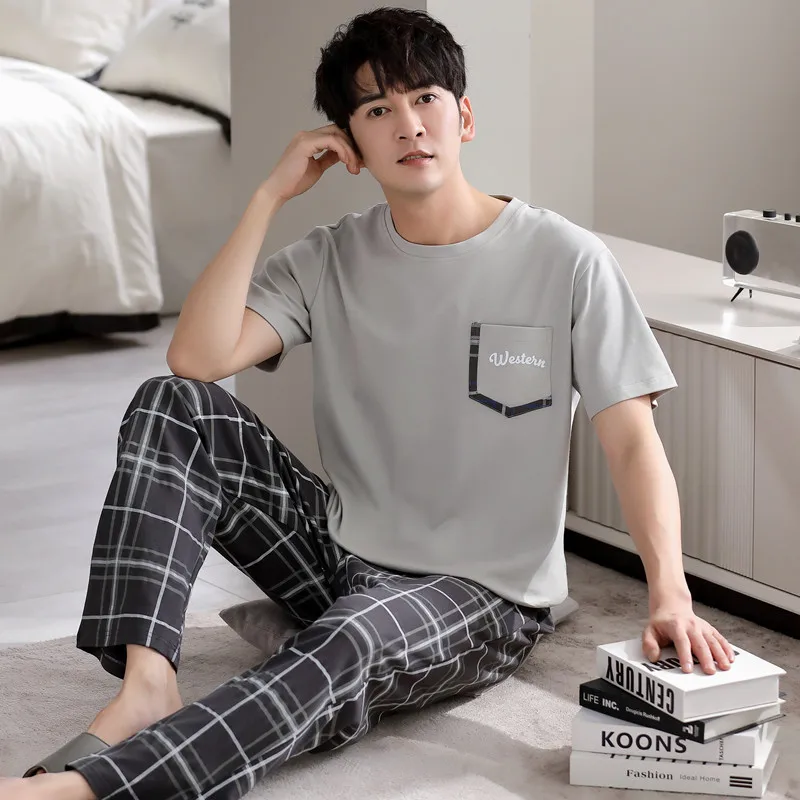 남성용 코튼 파자마 세트, 상의 및 긴 바지, 여름 캐주얼 운동복, 남성용 큰 야드 L-XXXL 파자마, 드롭쉽, 2 개/세트