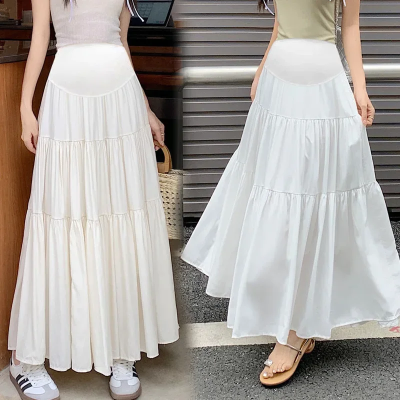 Maternity High Waist Slimming Skirt Spring Fashion Outfit Korean Splice Half Skirt Belly Support Draping A- Line Long