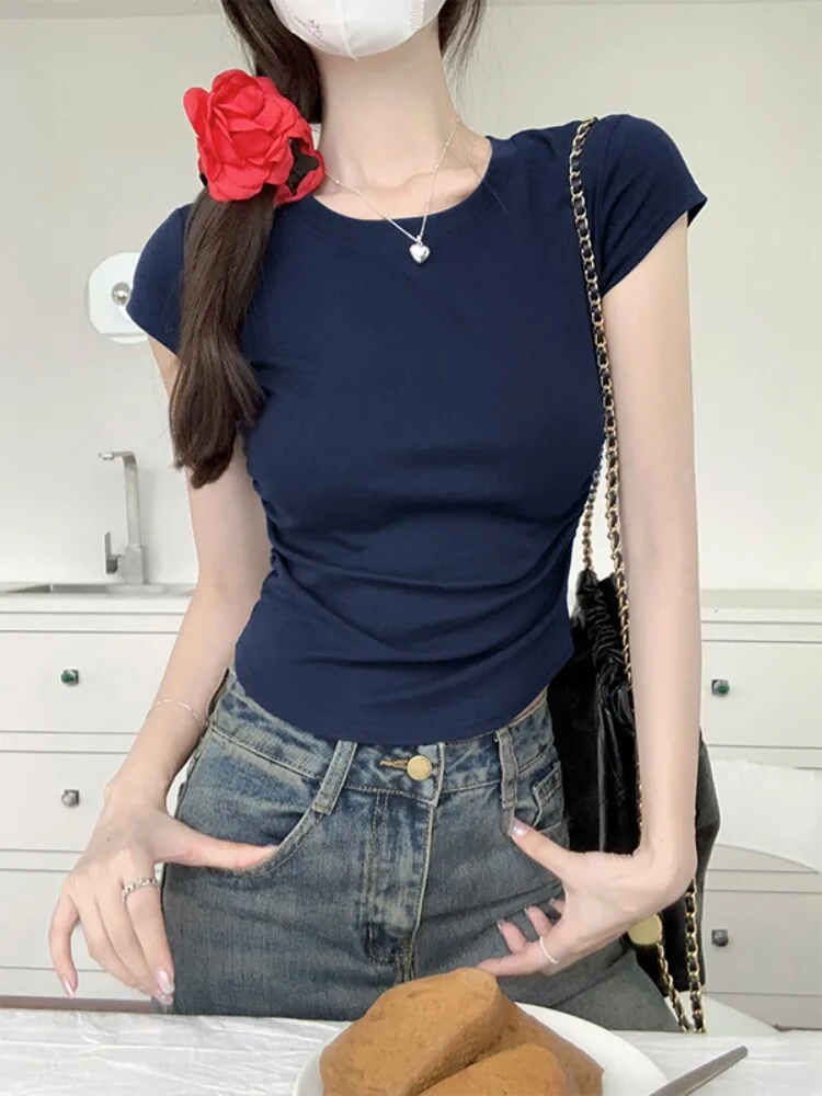 Women's Basic Solid Crop Top Short Sleeve Crewneck Skinny T-shirt Summer Casual Y2K Vintage Harajuku Streetwear
