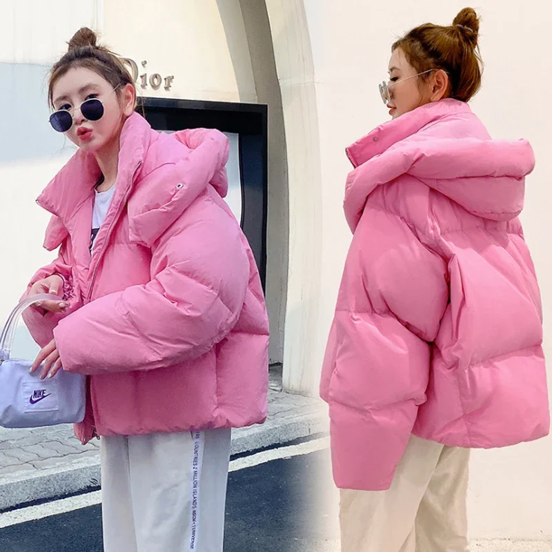 

Thinken Crop Jacket Women Fur Turtleneck Long Sleeve Warm Female Parka Coat 2023 Winter Street Loose Puffer Cotton-padded Jacket