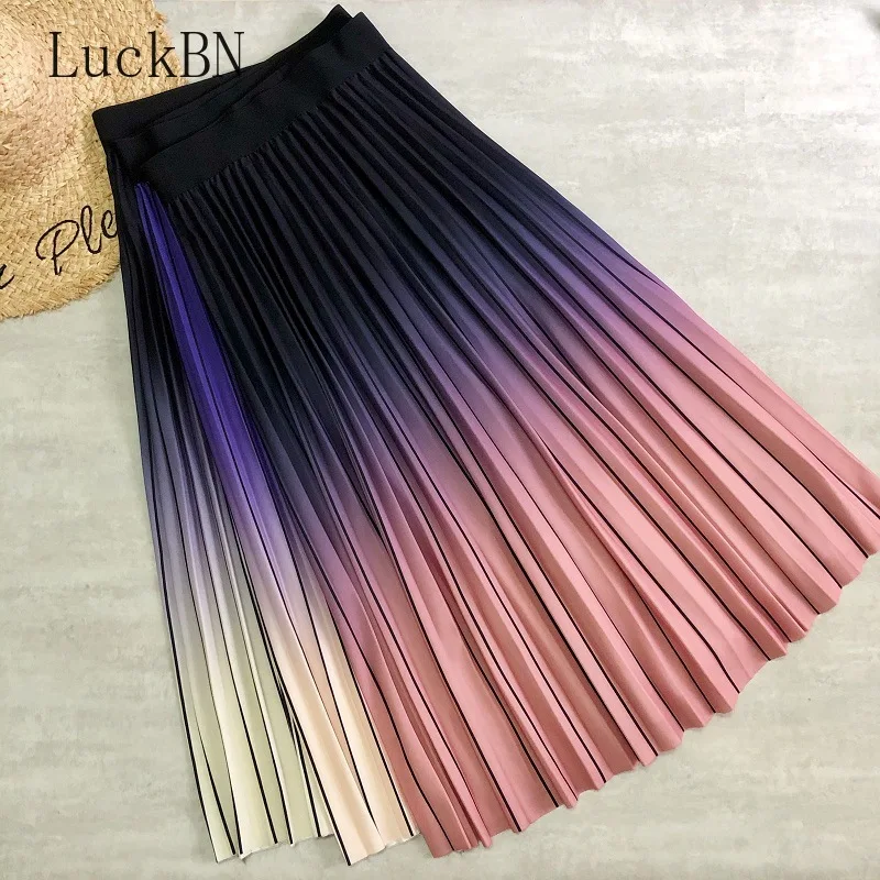 

New Women Midi Skirts Autumn Gradient Color Striped Printing Pink Long Skirt High Waist Korean Casual Style A-line Mujer Faldas