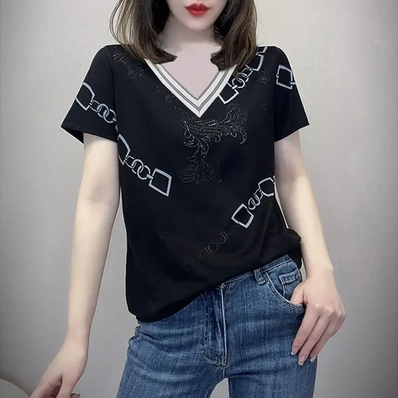 

Tee T-shirt for Women's Cotton Color Matching Minimalist Printed Round Neck Casual Short Sleeve Diamonds Patchwork Fashion Tops