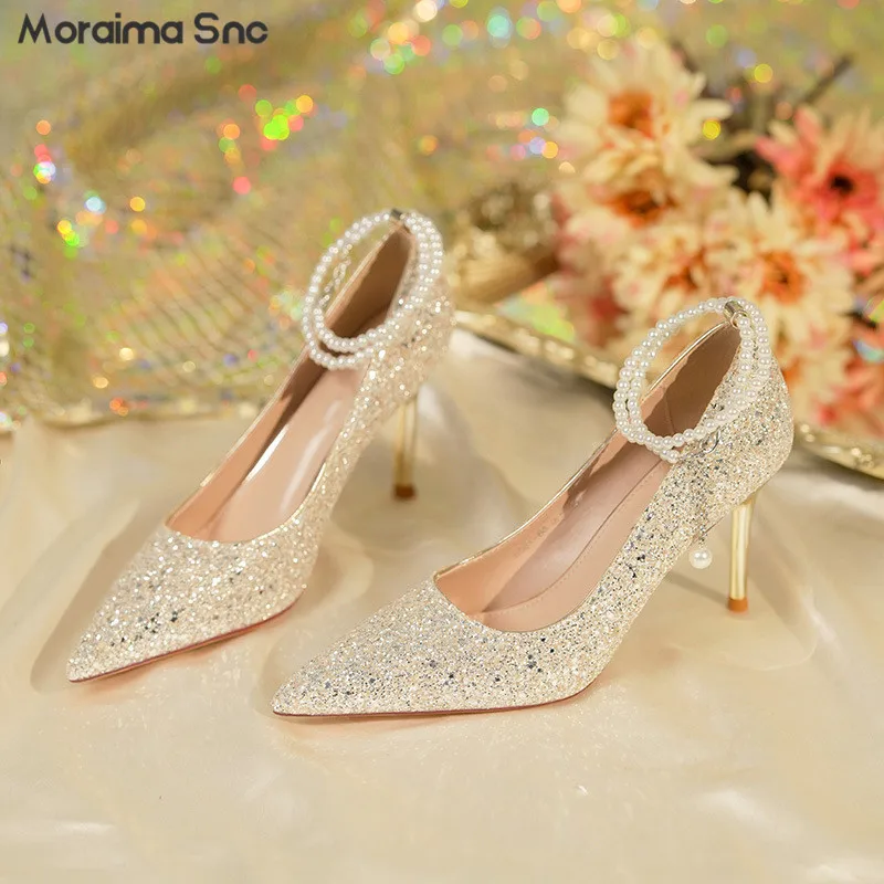 Sequin Pearl Chain Wedding Shoes Stiletto Heel Glitter Vamp Pointy  Temperament Women's Pumps Fashion Banquet Luxury High Heels - AliExpress