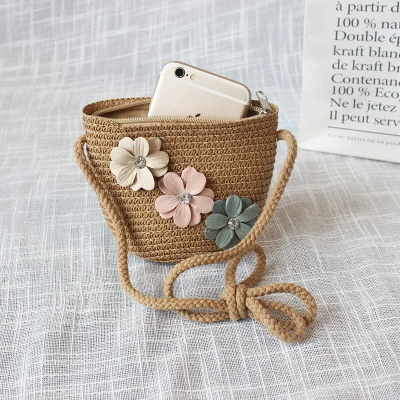 Crossbody Bag New Summer Children Beach Flower Straw Bag 3-7 Old Years Lovely Kids Holiday Travel Beach Bags 3