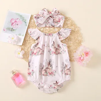 0-24 Months Baby Girls Jumpsuits Easter Costume Outfits Bunny Printed Bodysuit+Headband Fashion Infant Suit Summer Girl Clothing 1