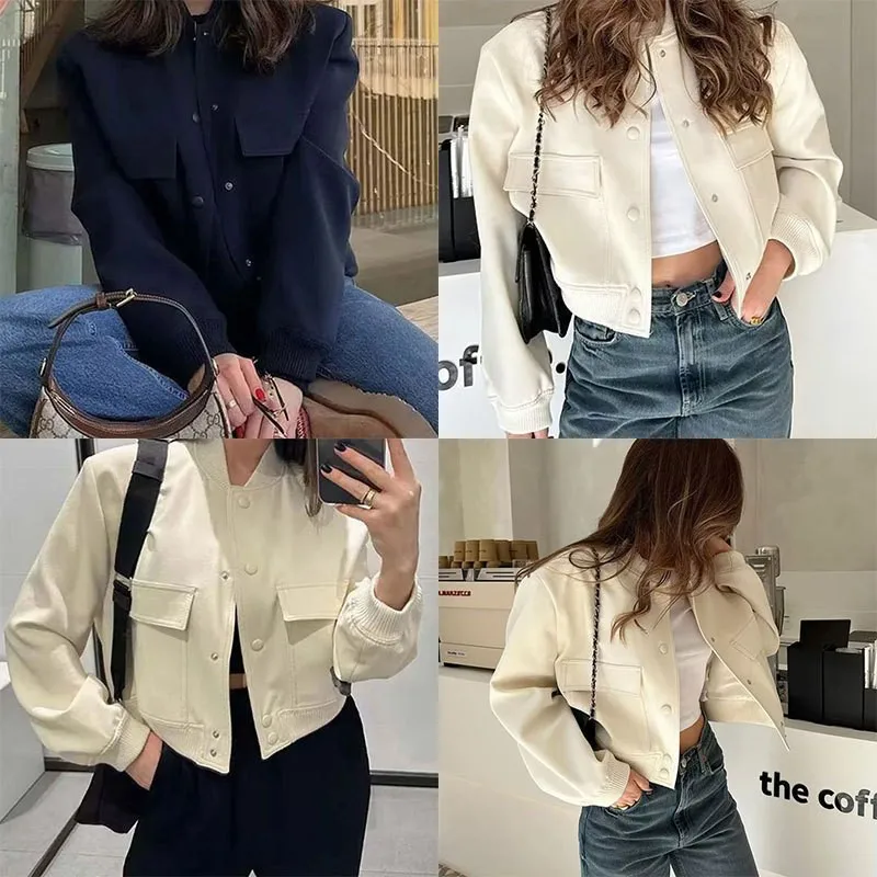 Women Fashion With Pockets Bomber Jacket Coats Vintage Long Sleeve Front Button Casual Female Outerwear Chic Tops