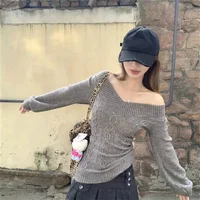 Fashion Vintage V-neck Knitted Tops Women 2025 Early Autumn New Sweaters Pullover Slim Long Sleeve Pullovers Sexy Gray Sweaters - Image 4