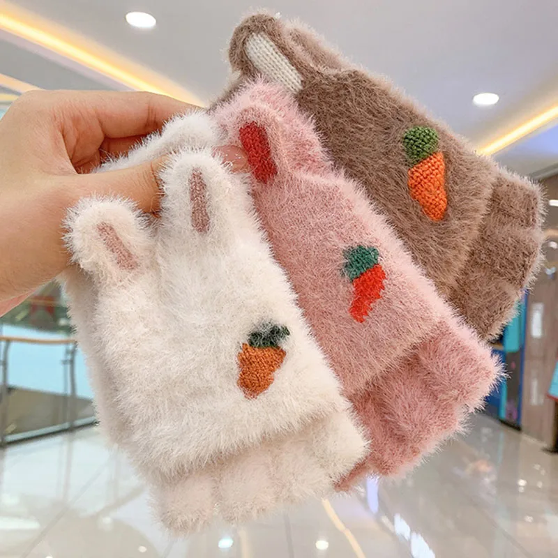 Winter Baby Plush Gloves Cute Cartoon Warm Toddler Half Finger Gloves Outdoor Thicken Kids Girls Boys Mittens