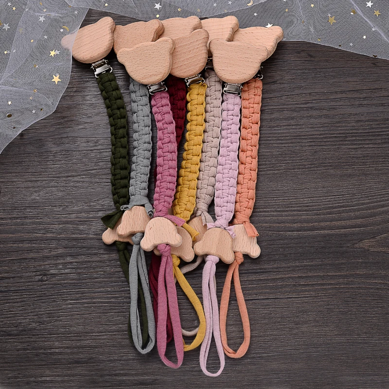 

Simple Woven Cotton Handmade Baby Pacifier Holder Chain Beech Animal Dummy Soother Clip For Baby Teether Teething Chain Care Toy