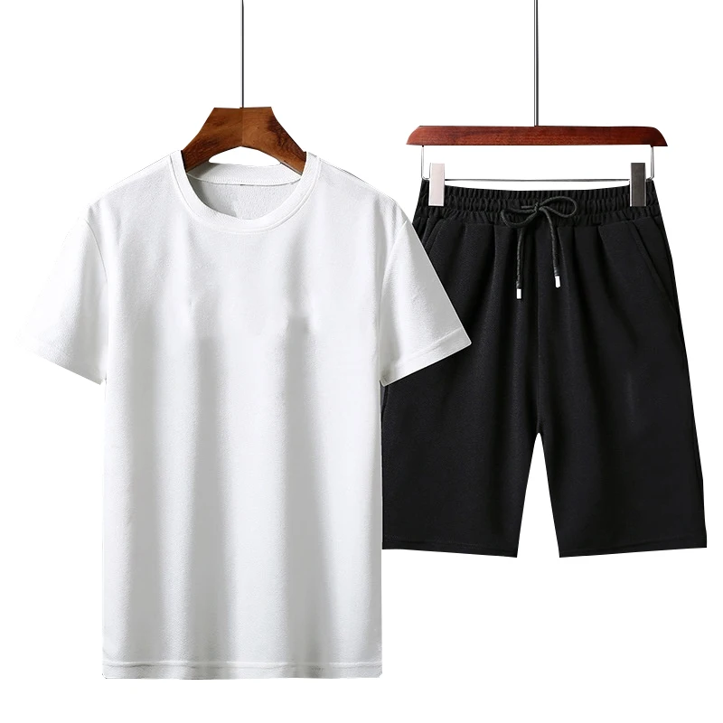 Pullover Sweatshirt Shorts Set Men's Summer Casual Outfit Set O-Neck Short Sleeve T-Shirt with Elastic Drawstring Waist Wide Leg