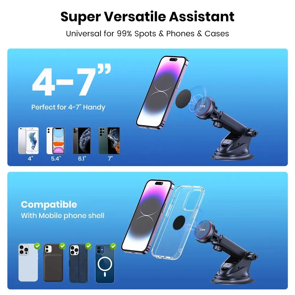 TOPK Magnetische Autotelefonhalterung; N52 Starker Magnet für Armaturenbrett, Windschutzscheibe, Saugnapf, Autotelefonhalter, verstellbarer Teleskoparm_voghion.com