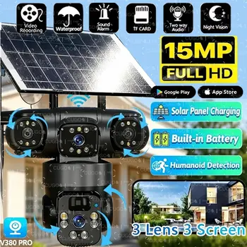 15MP IP Wifi Camera Solar Camera Outdoor 3 Lens 3 Screen 10X Zoom PIR Human Detect Cameras Night Vision CCTV Security Protection