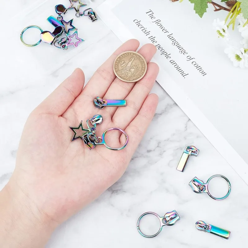 12PCS Rainbow Zipper Pulls Sliders Auto Lock Zipper Pull Colorful Star Round Metal Replacement Repair Kit Bulk Teeth Head