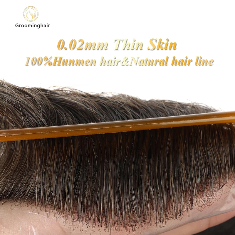 0.02-0.04MM V Loop Hair Men Toupee 0204 Skin PU Human Hair Prosthesis Wig Full Skin PU Hairpiece Men Toupee Replacement human hair toupee,synthetic hair pieces