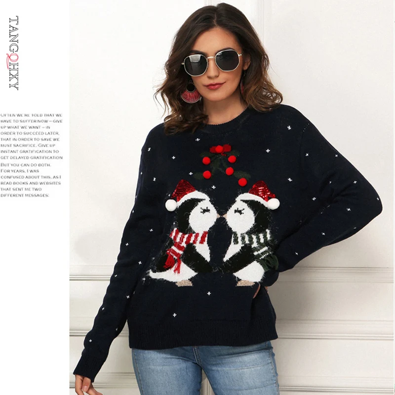 

Ladies Knit Penguin Print Christmas Jumper Christmas Sweater Women pull de noel femme maglione natalizio ニット レディース