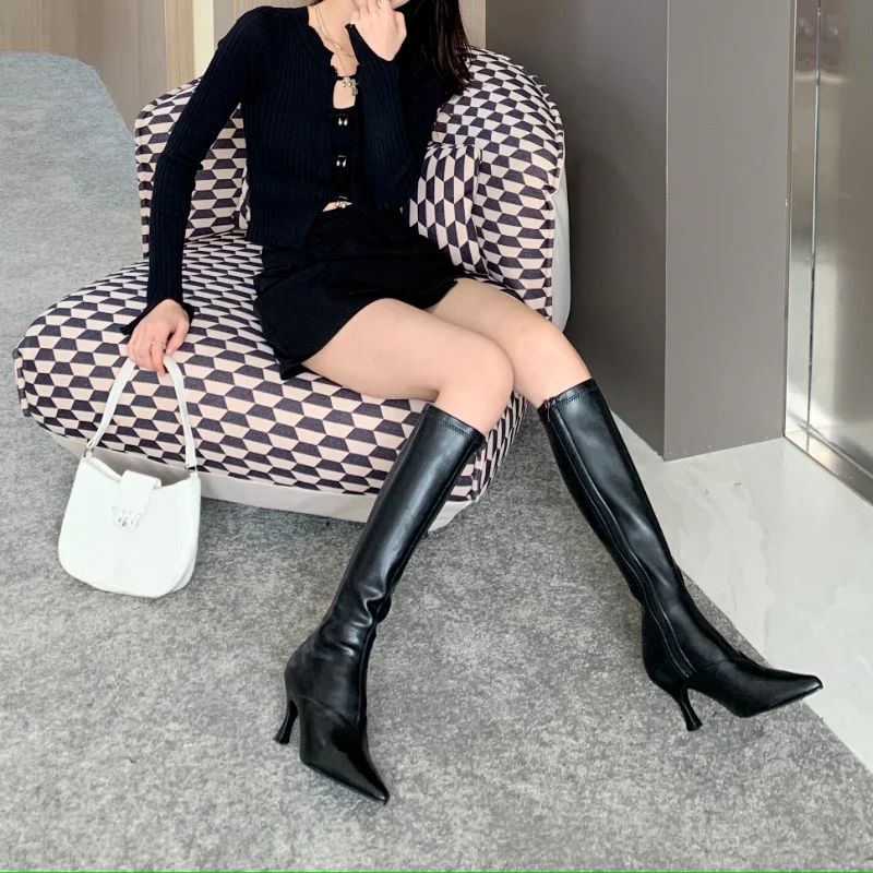 Fashion Women High Boots Black White Winter Chelsea Stretch Boots Back Zipper Elegant Party Pumps Thin High Heels Women Shoes