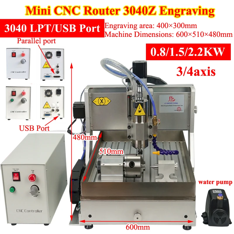 

Mini CNC Router 3040Z 3/4axis Engraving Milling Machine 800W 1.5KW 2.2KW VFD Spindle for DIY Metal Woodworking with Water Tank