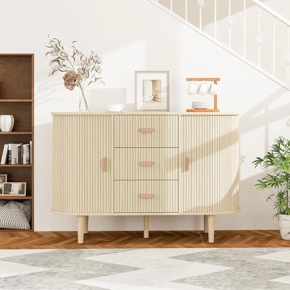 Sideboard Storage Cabinet with Solid Wood Leg，Modern Accent Cabinet with Sliding Doors,2 Doors and 3 Drawer Credenzas