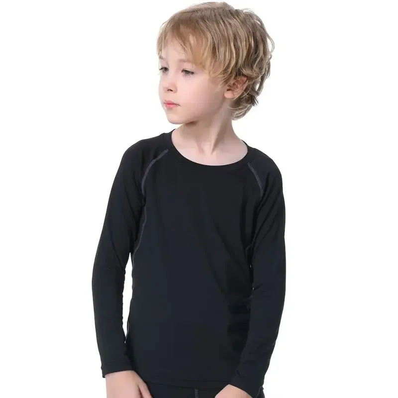 Kid Boys Sports Compression Top Long Sleeved Velvet T-shirt Child Fitness Quick-Drying Training Football Fleece Base Layer Shirt