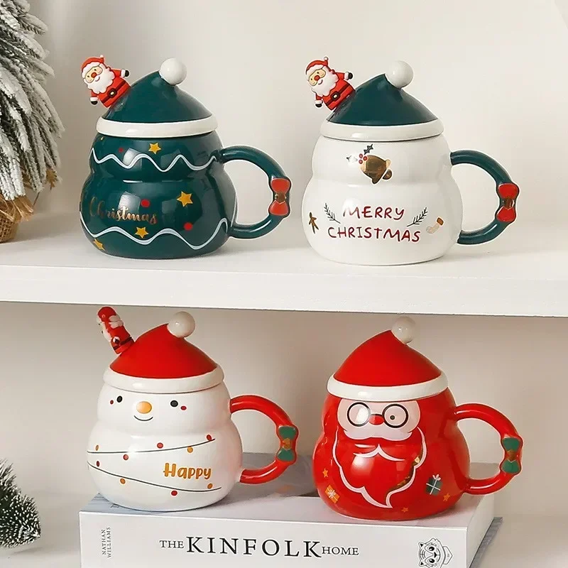 

Christmas Snowman Tree Mug With Lid and Santa Claus Spoon 480ML New Year Gift With Color Box Cute Ceramic Water Milk Coffee Cup