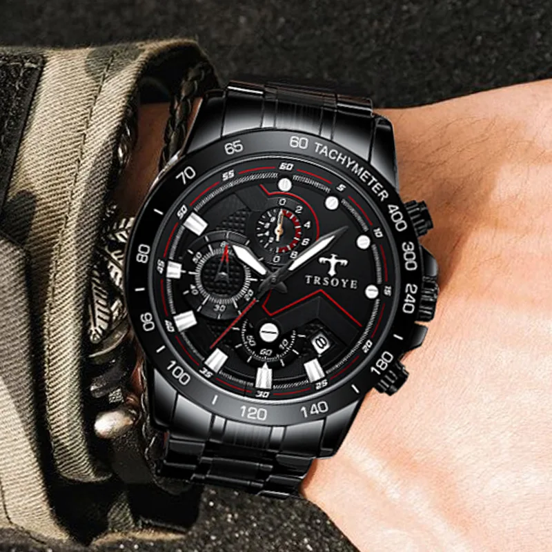 TRSOYE Luxury Fashion Men Business Stainless Steel Quartz Wrist Watch Mens Sports Casual Leather Watch Relogio Masculino