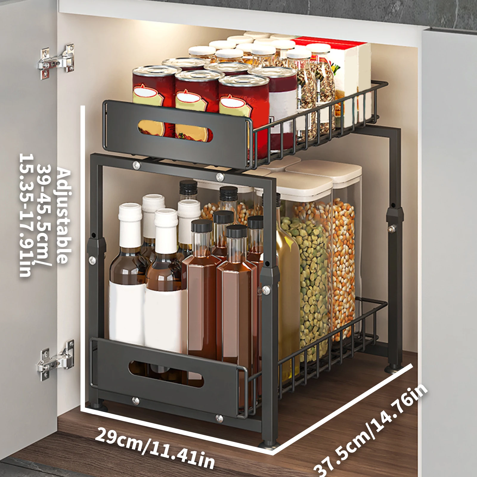 Cestello scorrevole a 2 livelli sotto il lavello, organizer regolabile per cucina e bagno, design a mobiletto di grande capacità