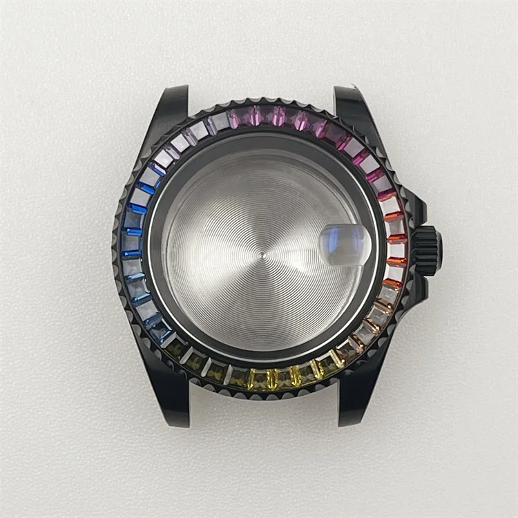 

rainbow crystal stone engraved black steel case NH35 NH36A movement 316stainless steel
