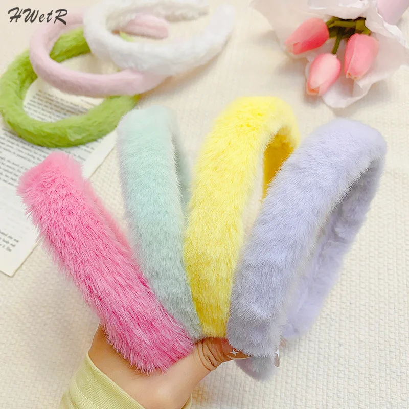 

1pcs Candy Color Fluffy Plush Widen Thicken Plush Hair Bands Headbands Soft Girls Hair Hoops Winter Headdress Accessories