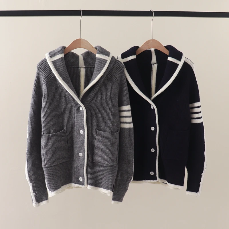 

Autumn and Winter New TB Cardigan Four Bar Mesh Red Sweater Fashion Polo Collar Thick Loose Casual Coat Trend