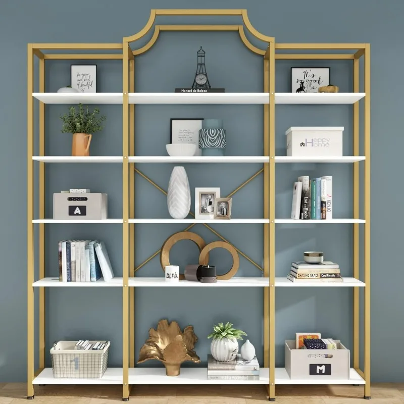 

Auromie Triple Wide 5-Tier Bookshelf, Tall Display Shelf with Metal Frame, Freestanding Etagere Storage Display Shelf