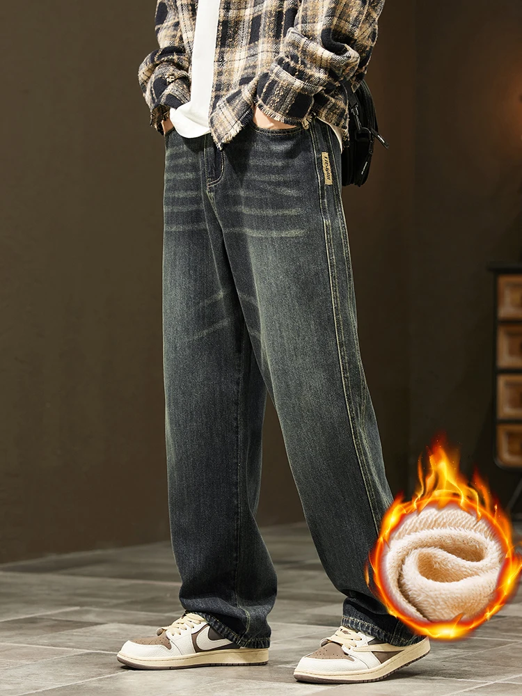 Winter Warm Fleece Jeans Men's Thickened Loose Wide-leg Denim Pants Vintage Wash Casual Straight Velvet Trousers Streetwear - Image 2