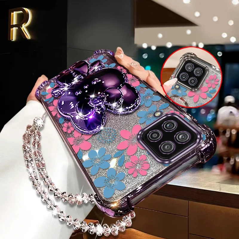 Elegant Blue Floral Phone Accessory Set - Includes Case, Lanyard & Stand