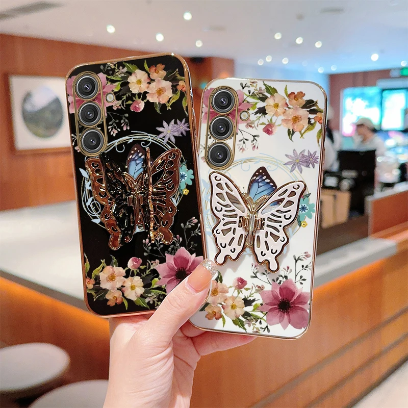 Elegant Flower Butterfly Plating Phone Case with Holder