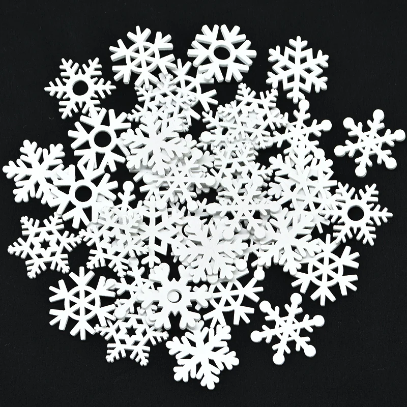50pcs Mix Shape White Wooden Snowflakes Christmas Ornaments Xmas Tree Wood Pendant New Year Christmas Decorations for Home 2023