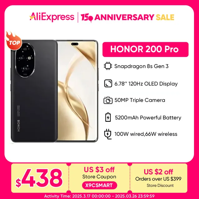 Глобальная версия 2024 HONOR 200 Pro Snapdragon 8s Gen 3 5G Смартфон 6,78 дюйма 120 Гц AMOLED-дисплей Поддержка HONOR 100 Вт SuperCharge 1