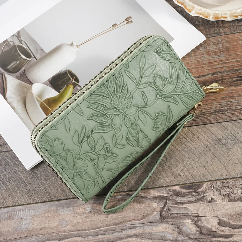 Women's wallet with double zipper compartments, new design elegant embossed high-quality multifunctional ultra-thin handbag