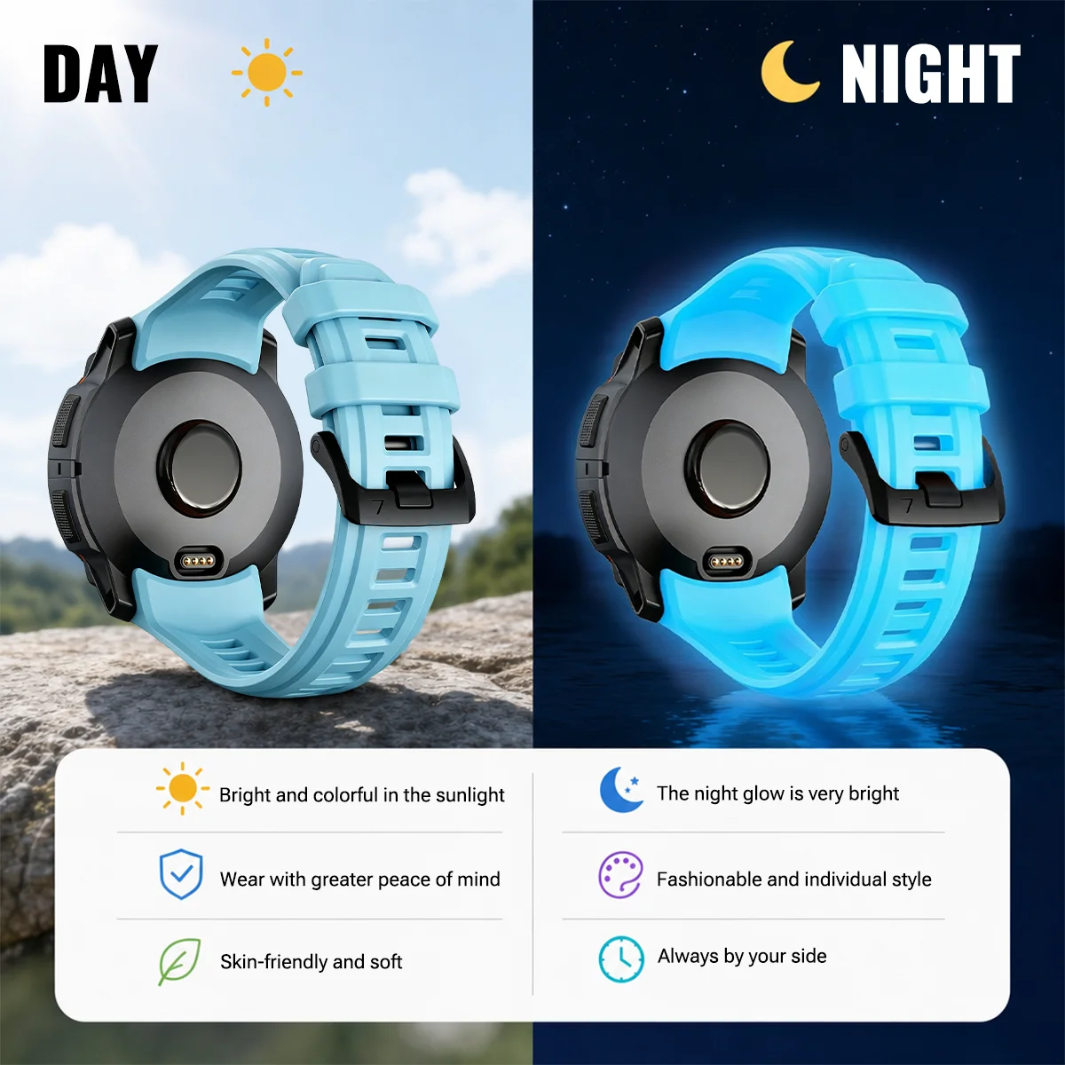 Glow-in-the-Dark Silicone Watch Band - Soft and Durable Replacement Wristband Bracelet (50/45mm)