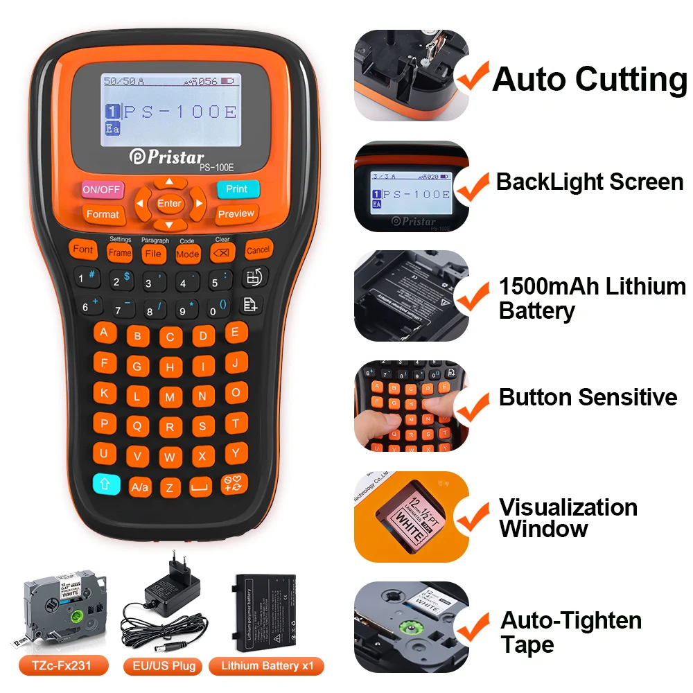

Portable Labeling Machine PS100E Auto Cutting Label Printer Replace for Brother P Touch Label Maker Compatible for tze-231 Label