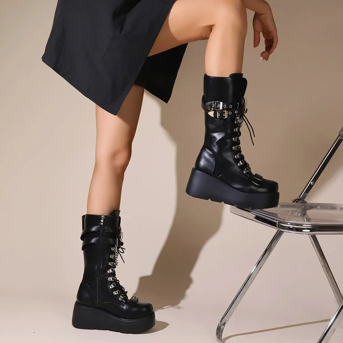 Platform Boots Riveted Buckle Wedges High Women's Boots Punk Spice Chic Biker Rider Boots