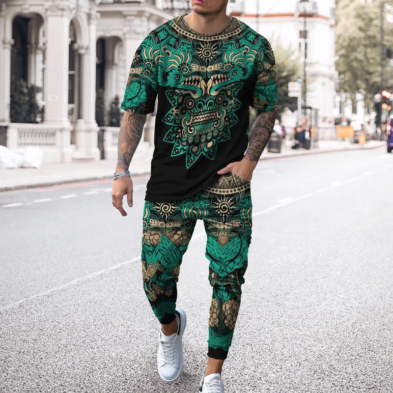 2023 Summer Men's T Shirt Set Casual 2 Piece Hip Hop Suit 3D Totem Printing Tracksuit Fashion Cool Streetwear Oversized Clothing