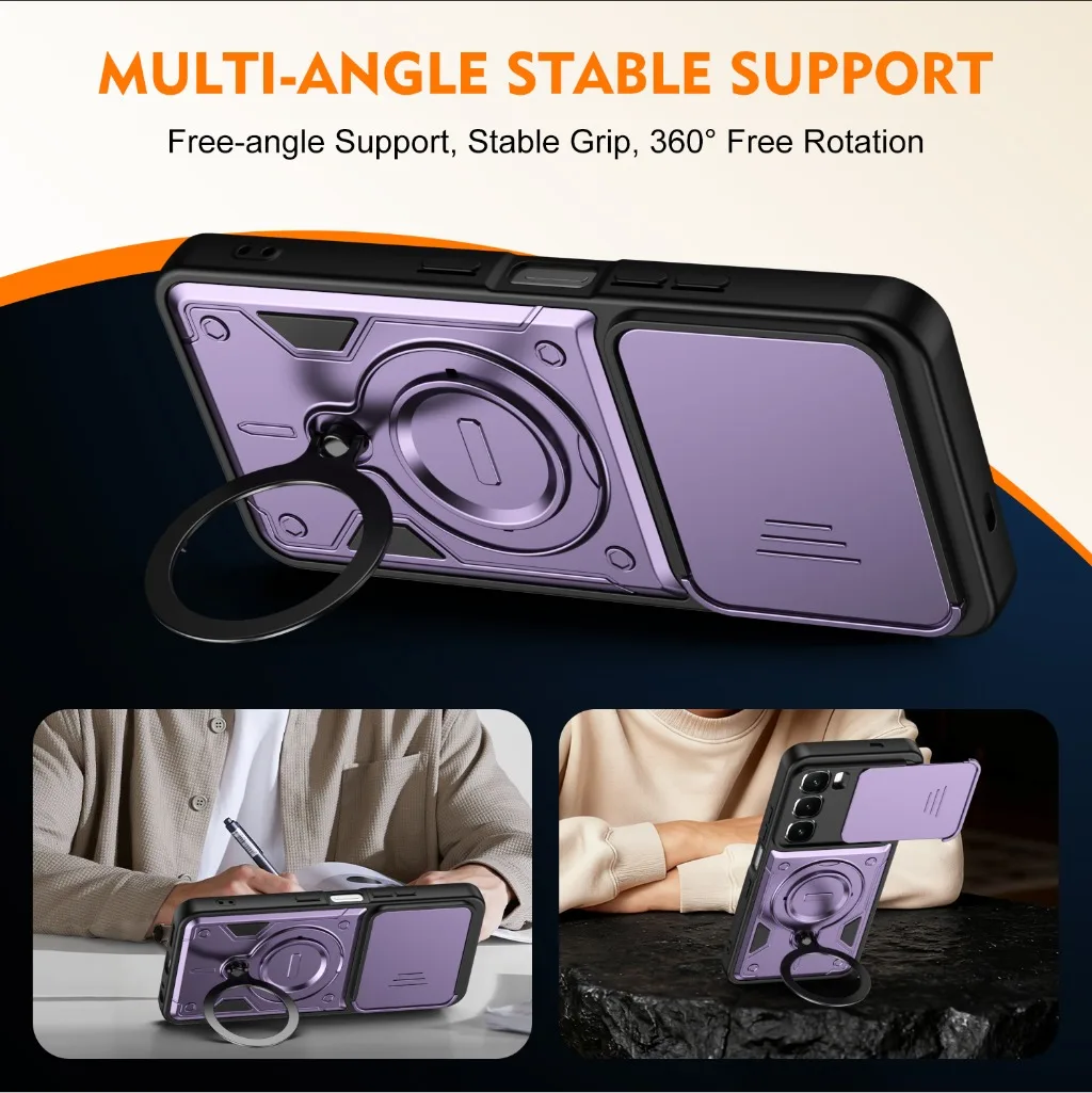 Armor Shockproof Phone Case with Slide Camera Cover and 360° Rotatable Ring Holder Kickstand