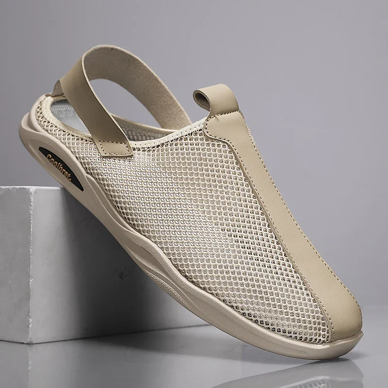 Men's Summer Sandals Comfortable Outdoor Breathable Casual Shoes Summer Beach Shoes Flat Business Soft Mesh Leather Sandals